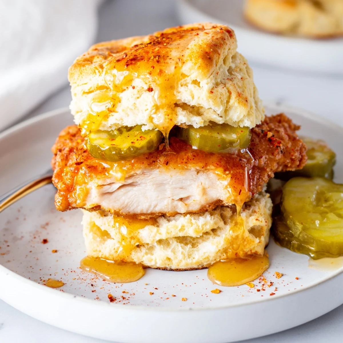 Crispy cutlet and flaky biscuit drizzled in glaze, pictured Hot Honey Chicken Biscuits Recipe