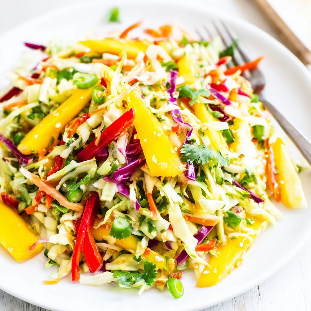 Fresh mango cabbage citrus slaw with crunchy vegetables and zesty lime dressing