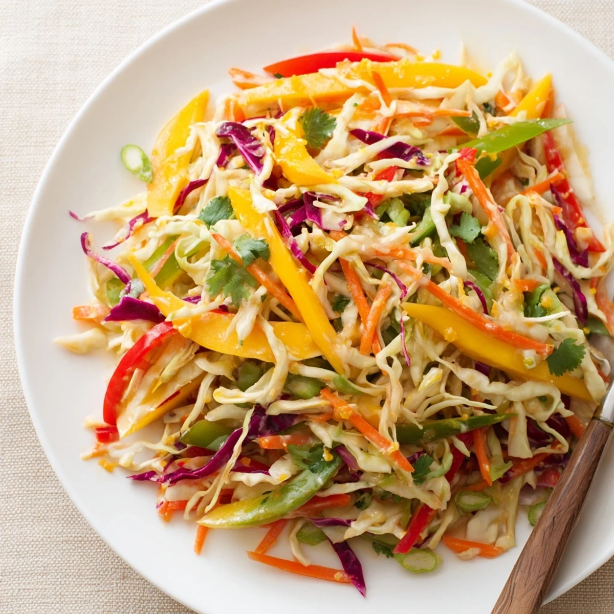 Colorful bowl of mango cabbage citrus slaw topped with cilantro and sesame seeds