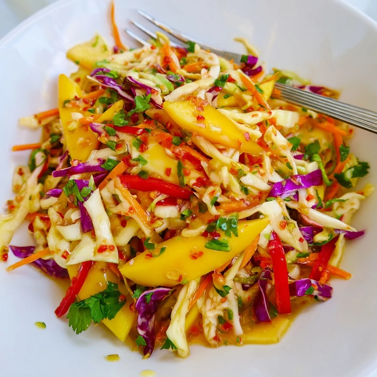 Vibrant summer mango cabbage citrus slaw served with grilled fish and lime wedges