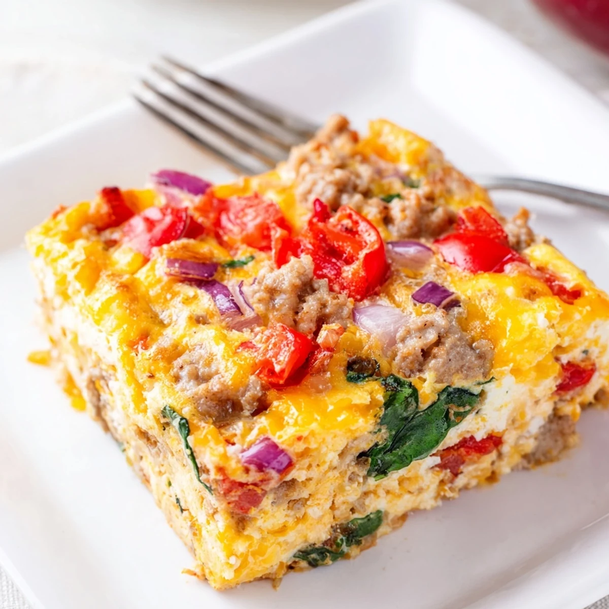 Golden high protein egg casserole with melted cheddar, colorful vegetables, and turkey sausage slices