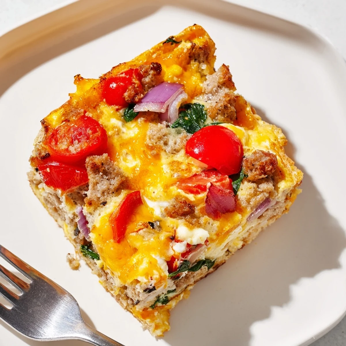 Baked high protein egg casserole served warm with tender sausage and cottage cheese texture