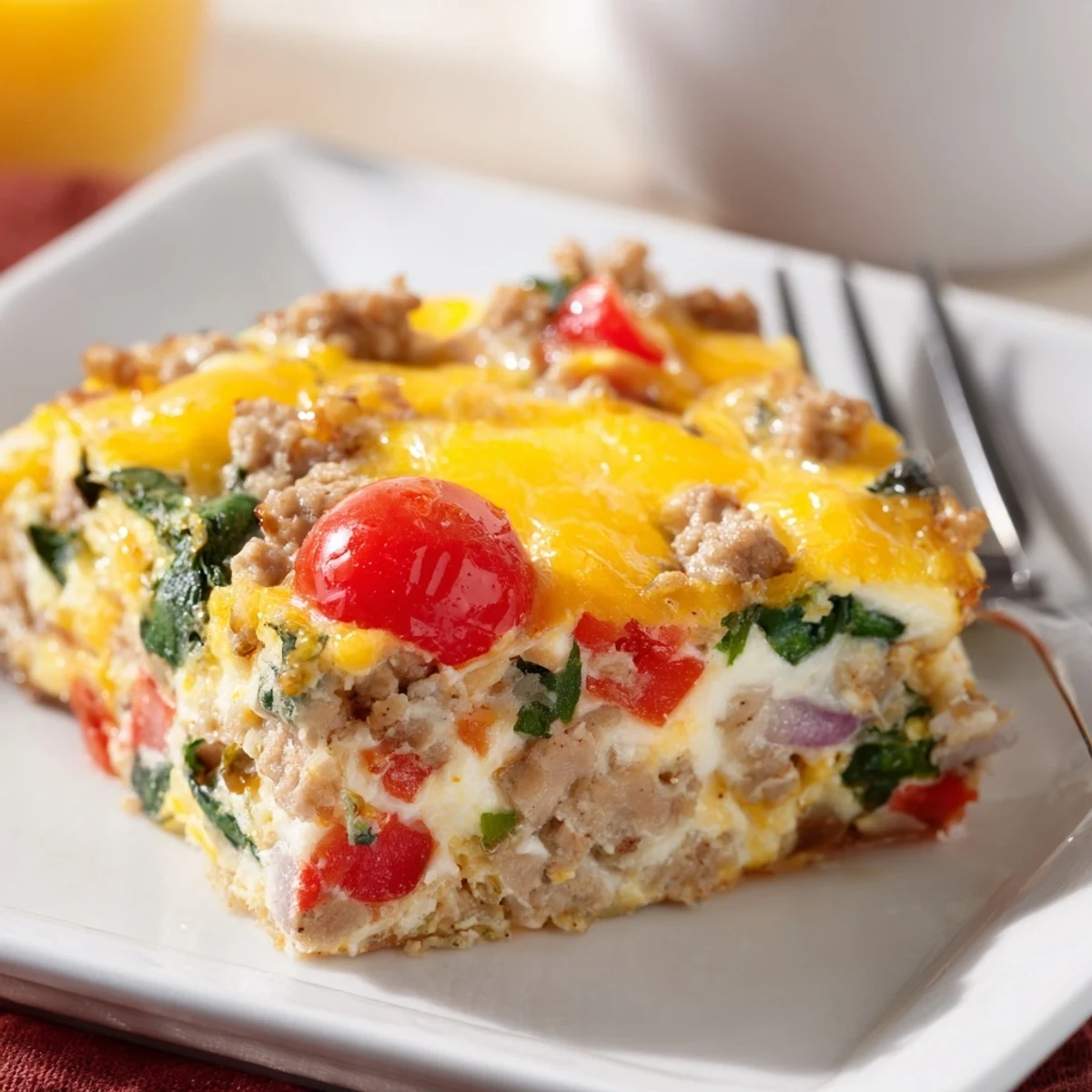 Sliced high protein egg casserole revealing fluffy eggs with spinach, peppers, and cherry tomatoes