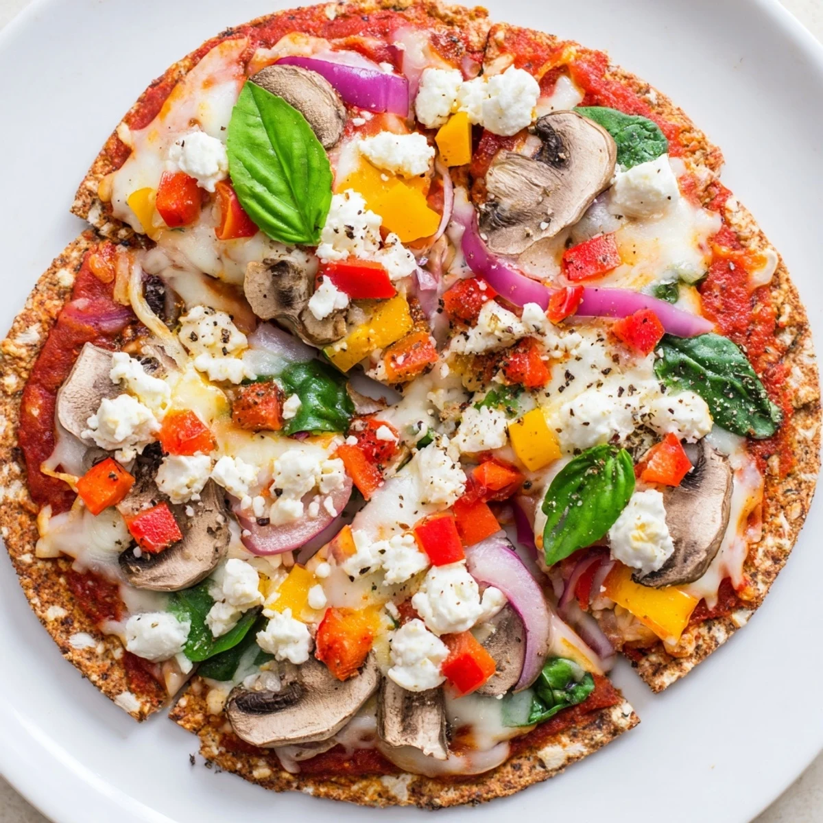 Golden whole wheat low cholesterol pita pizza topped with colorful fresh vegetables and melted mozzarella cheese