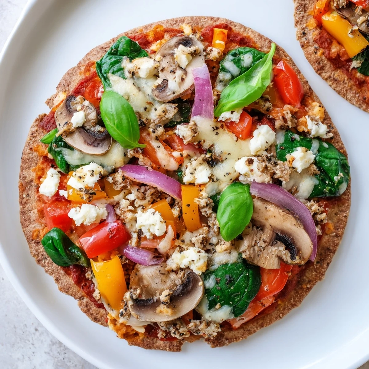 Delicious vegetarian low cholesterol pita pizza with bell peppers tomatoes spinach and light cheese topping