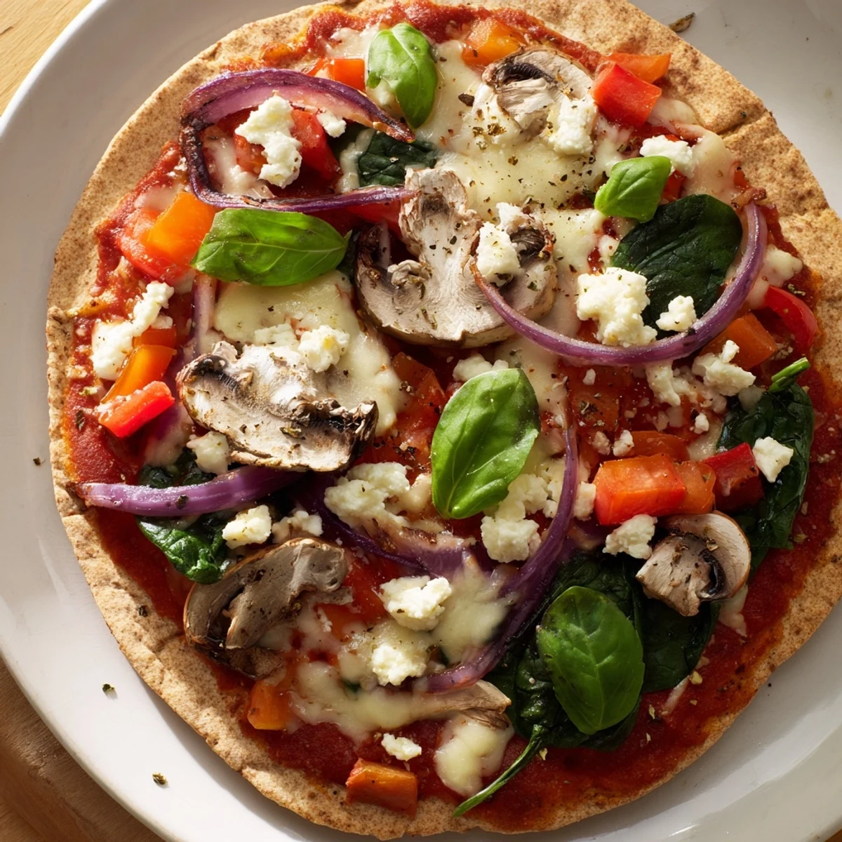 Heart-healthy low cholesterol pita pizza featuring Mediterranean vegetables on crispy whole wheat base with basil garnish