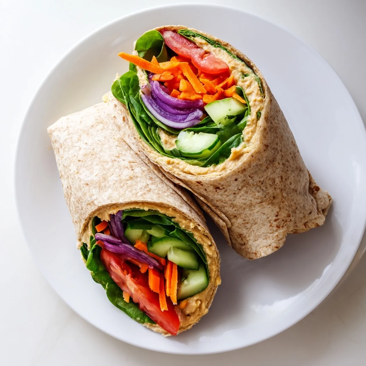 Fresh hummus veggie wrap rolled with crisp spinach, carrots, cucumber, and bell pepper slices