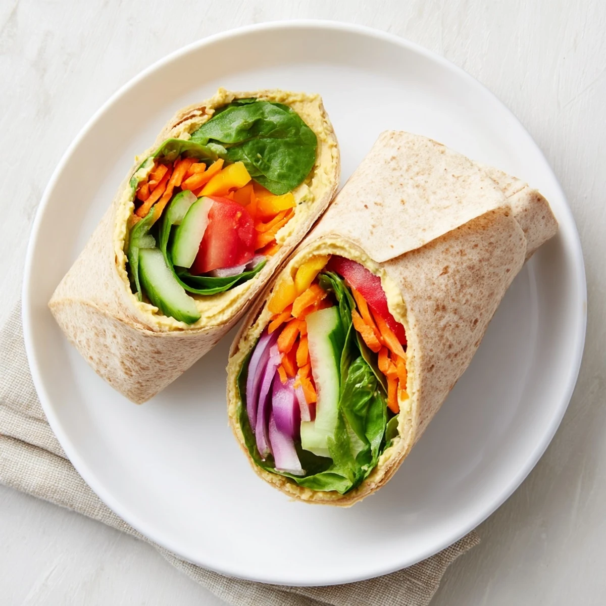 Mediterranean hummus veggie wrap layered with colorful vegetables and creamy spread on whole wheat tortilla
