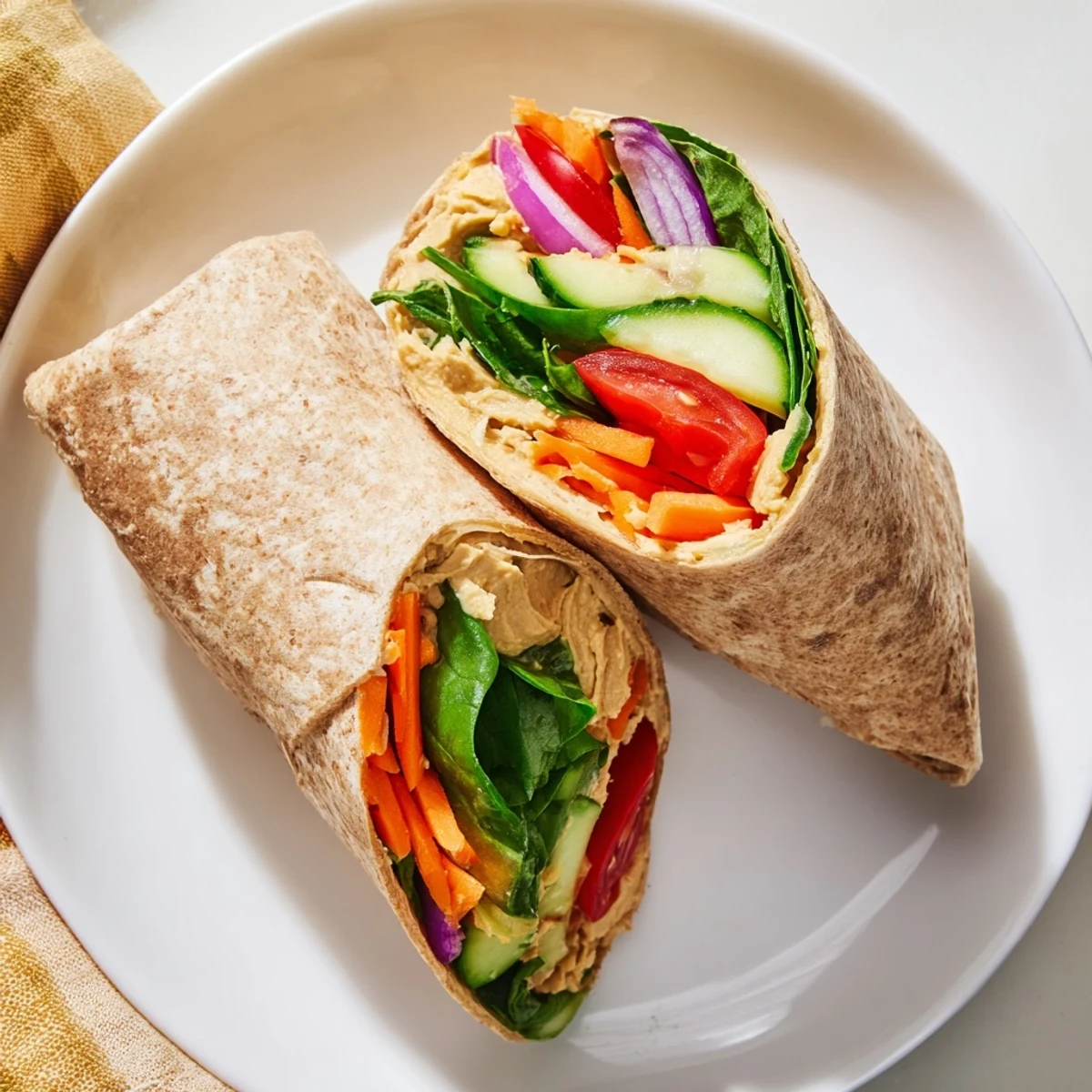 Healthy hummus veggie wrap recipe featuring crisp vegetables and optional avocado sliced diagonally for serving