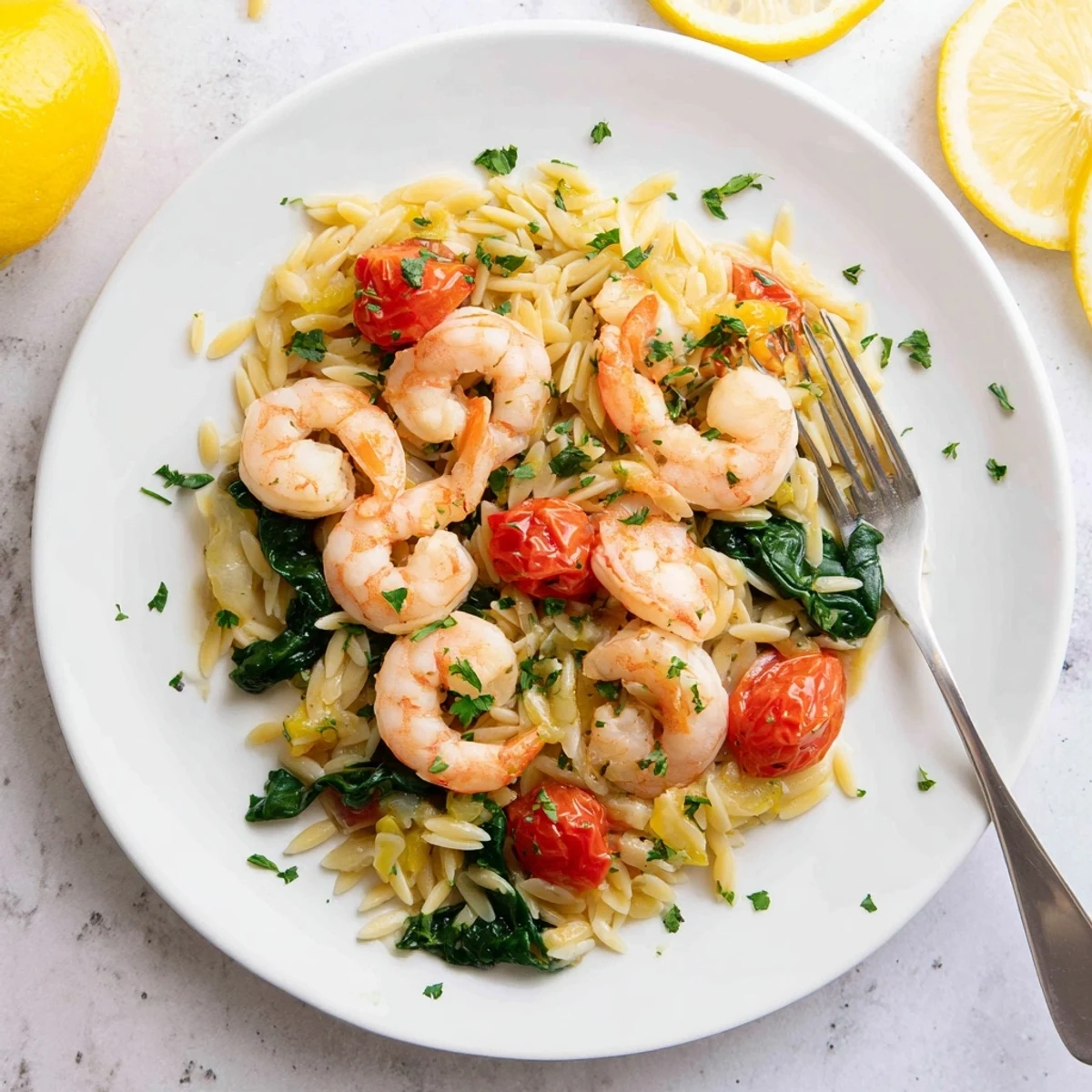 Golden lemon shrimp and orzo skillet with fresh spinach, tomatoes, and parsley garnish