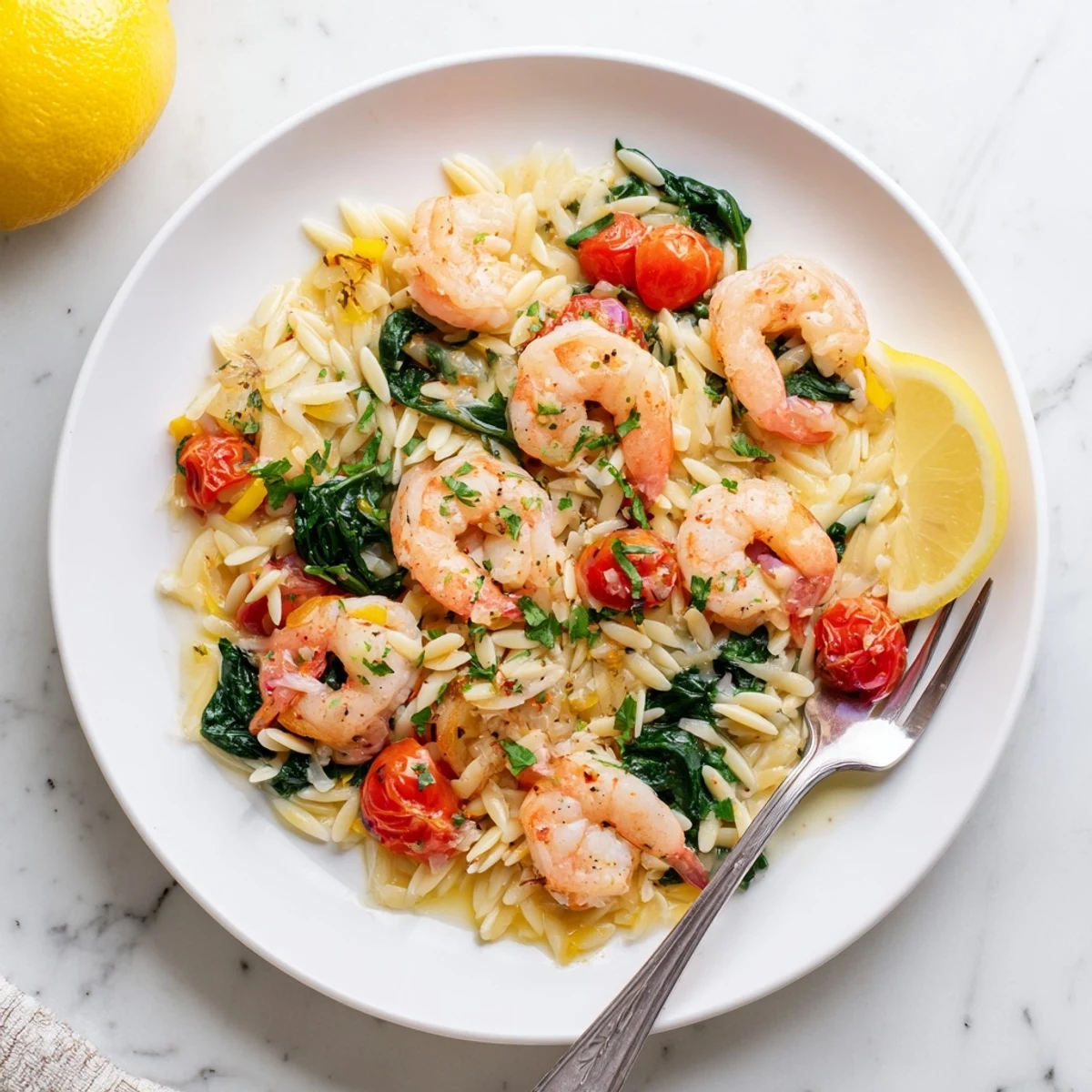 One-pan lemon shrimp and orzo recipe featuring tender pasta and vibrant Mediterranean vegetables