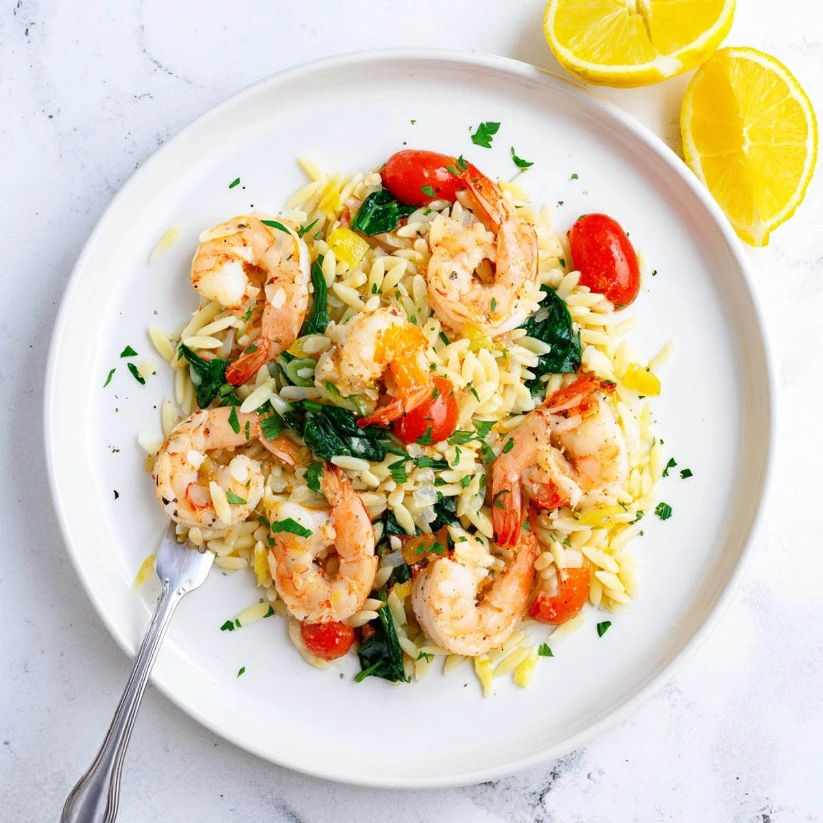 Creamy lemon shrimp and orzo skillet dish topped with juicy cherry tomatoes and herbs