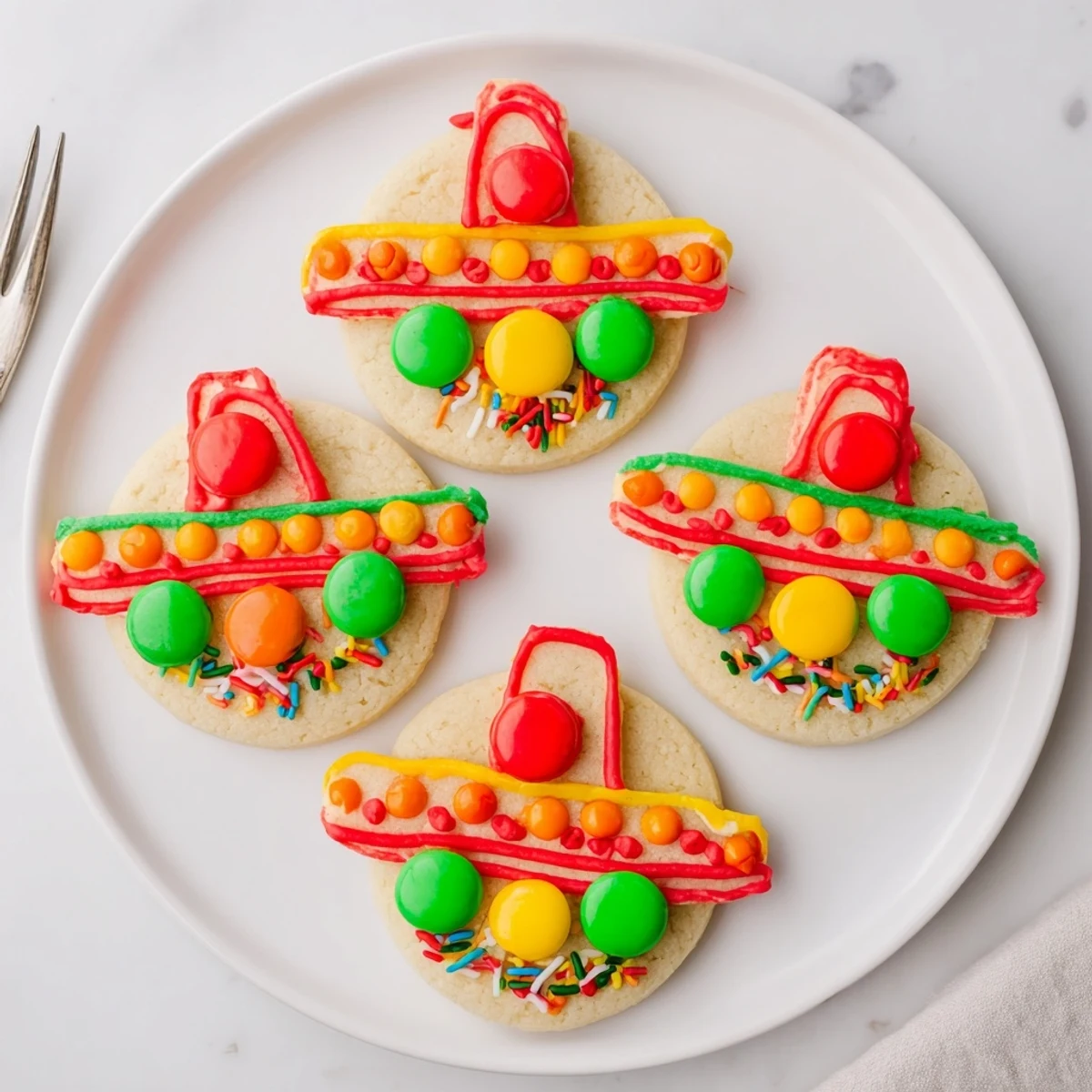Colorful Cinco de Mayo sombrero cookies topped with bright gumdrops and sprinkles on a white serving plate