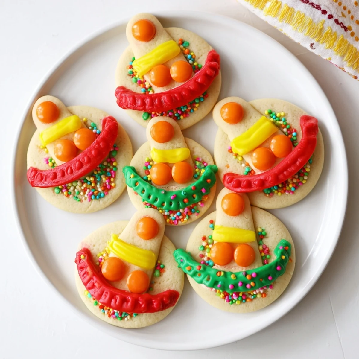 Homemade sombrero-shaped cookies featuring colorful icing and round candy crowns arranged for Cinco de Mayo entertaining