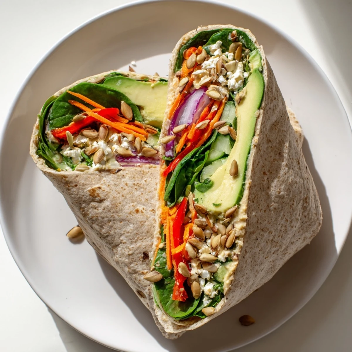 Fresh vegetable wrap with hummus featuring colorful layers of spinach, peppers, and avocado in a whole wheat tortilla