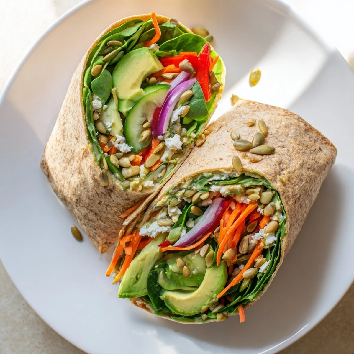 Mediterranean veggie wrap with hummus recipe showing crisp sliced vegetables rolled inside a soft flour tortilla for lunch