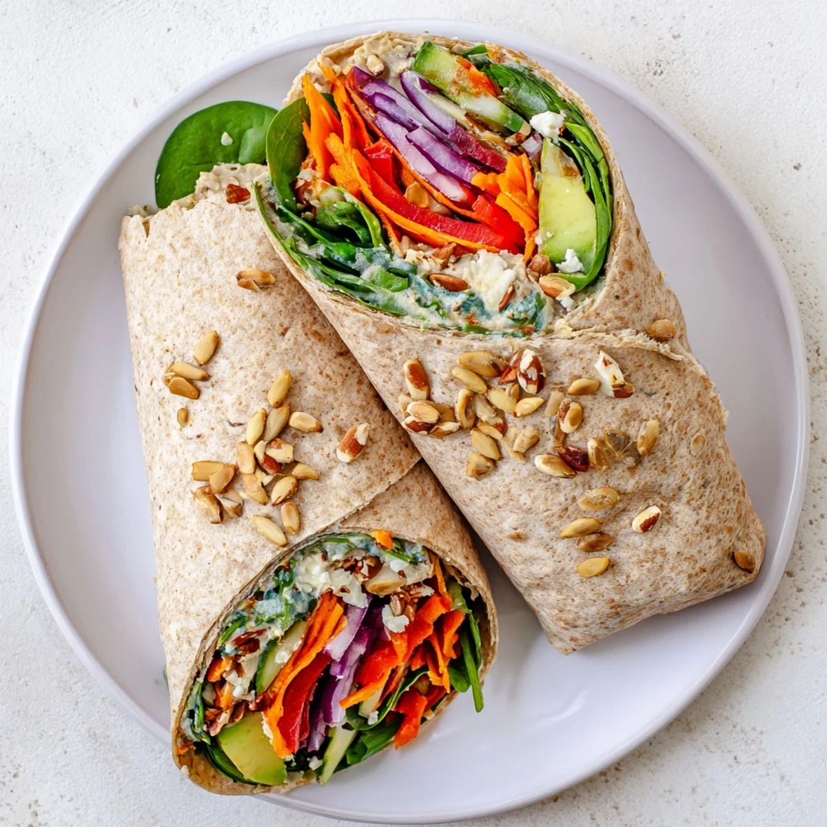 Healthy hummus and vegetable wrap packed with shredded carrots, cucumbers, and creamy hummus ready for quick meal prep
