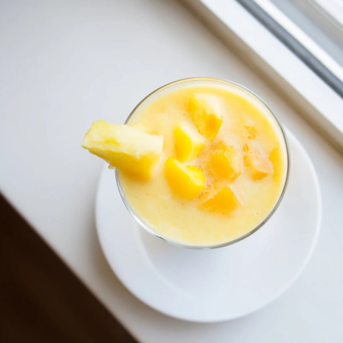 Golden tropical pineapple mango smoothie recipe poured into a glass with fresh fruit garnish