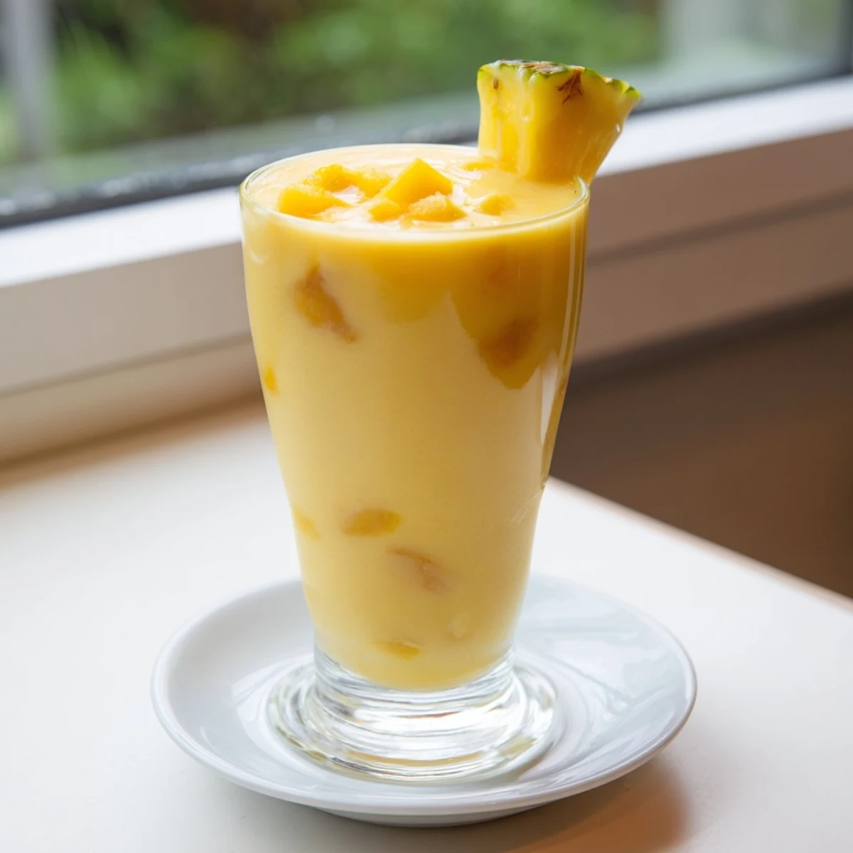 Vibrant yellow pineapple mango smoothie recipe serves two in tall glasses with mint