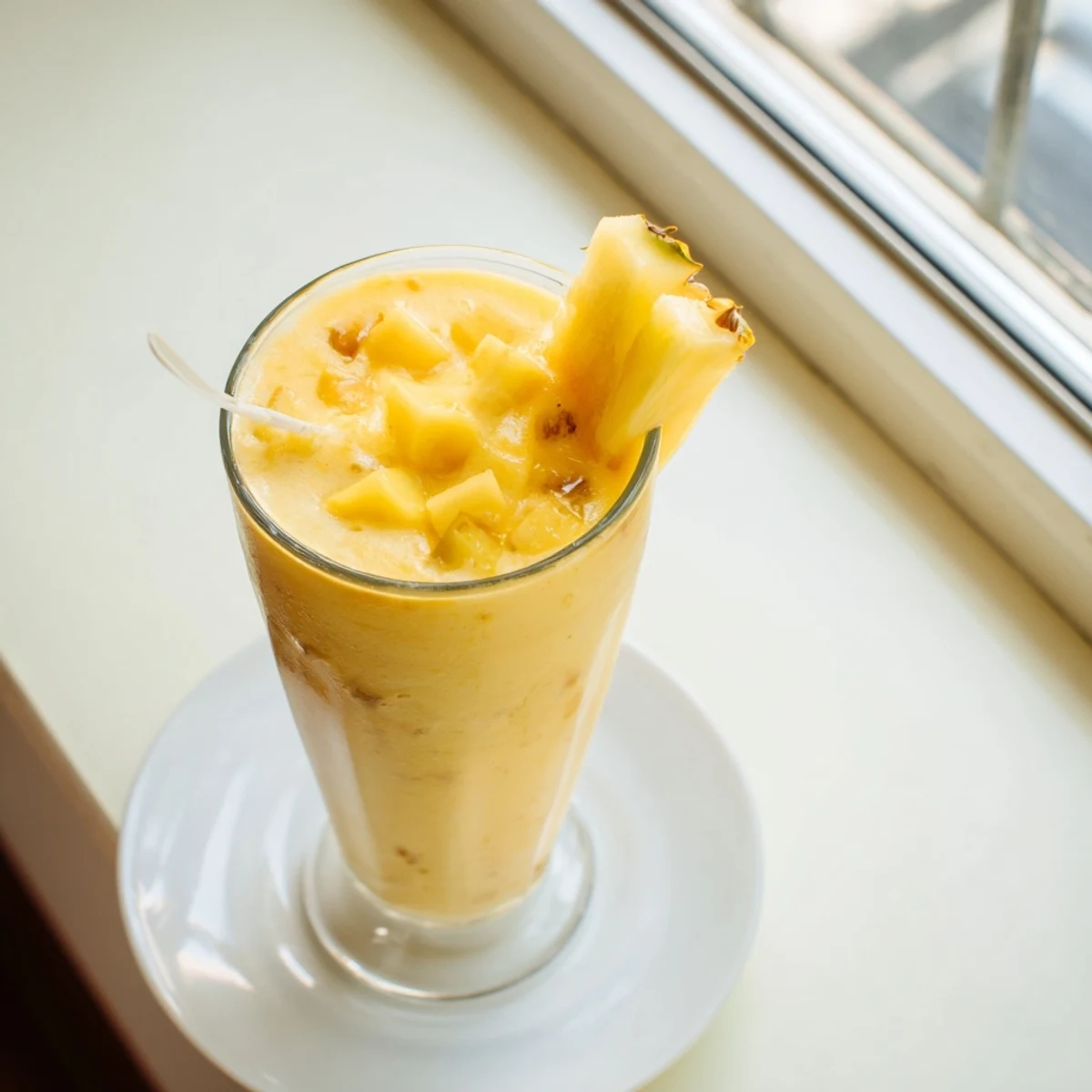 Creamy pineapple mango smoothie recipe blended with coconut milk and ice cubes