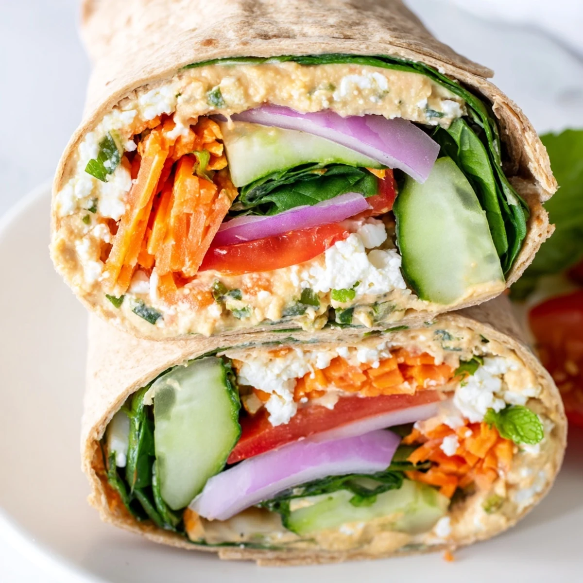 Golden whole wheat tortilla wrapped around creamy hummus with crisp colorful vegetables and fresh herbs