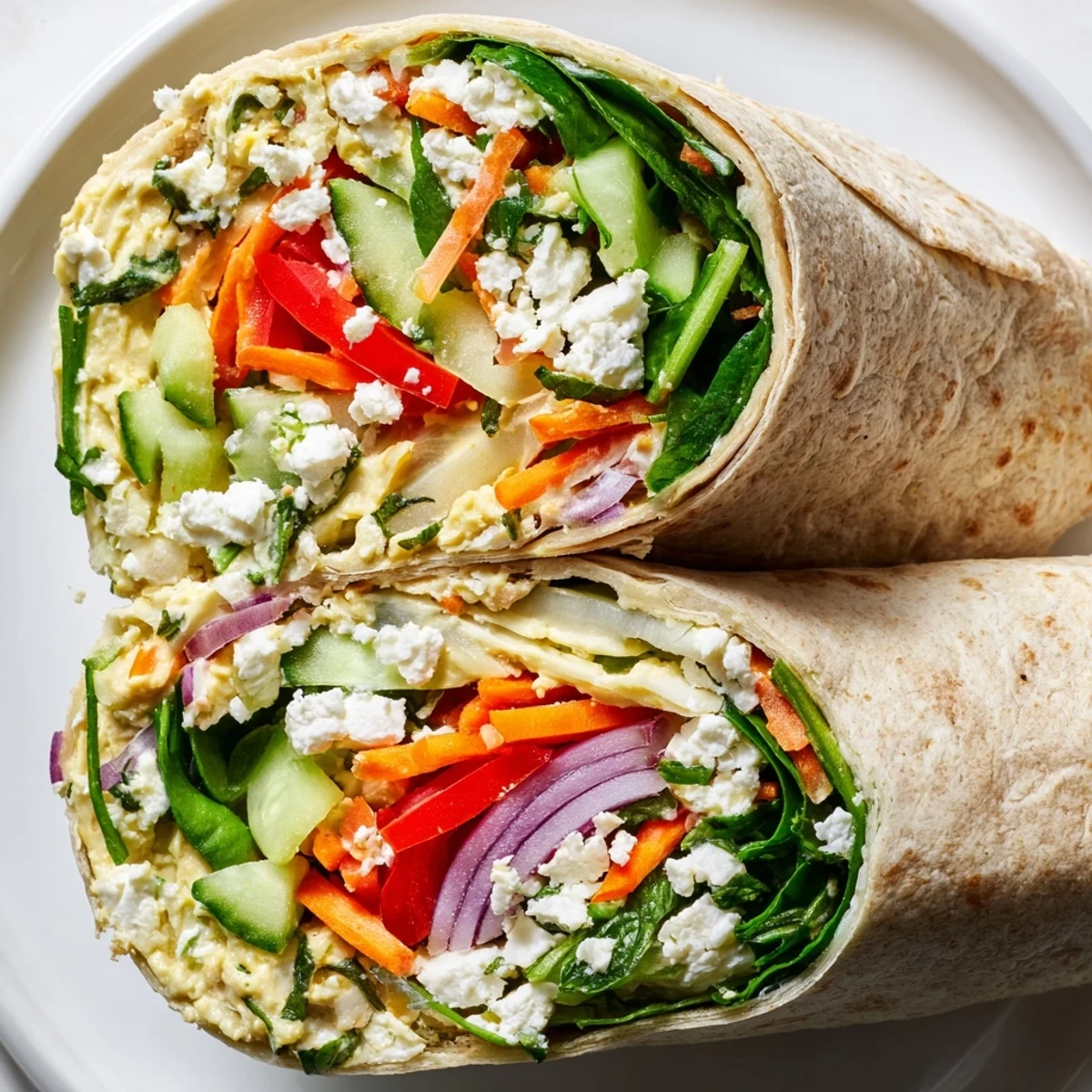 Protein-packed vegetarian lunch wrap featuring smooth hummus spread over shredded carrots tomatoes and peppery greens
