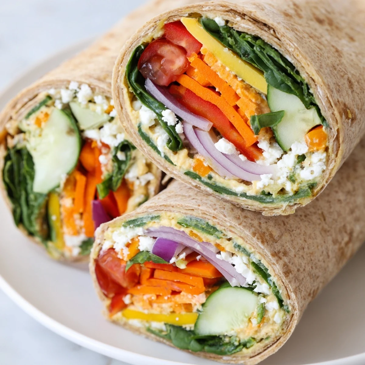 Mediterranean-style heavenly hummus wrap sliced diagonally showcasing layers of spinach cucumber and bell pepper