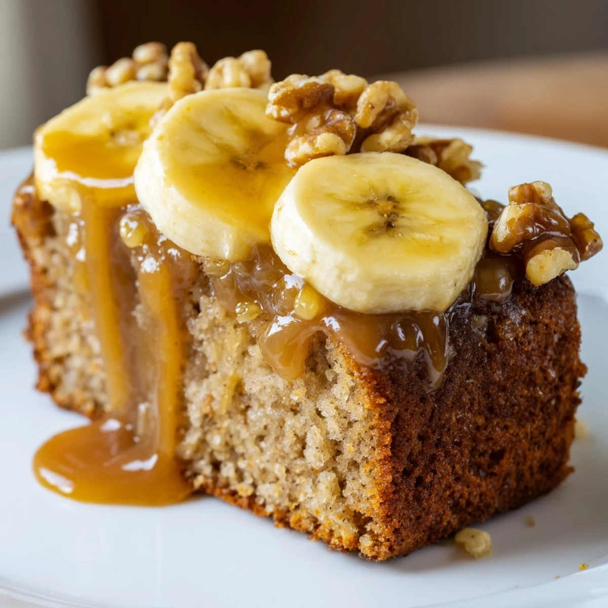 Golden salted caramel brown butter banana cake topped with dripping sauce and banana slices
