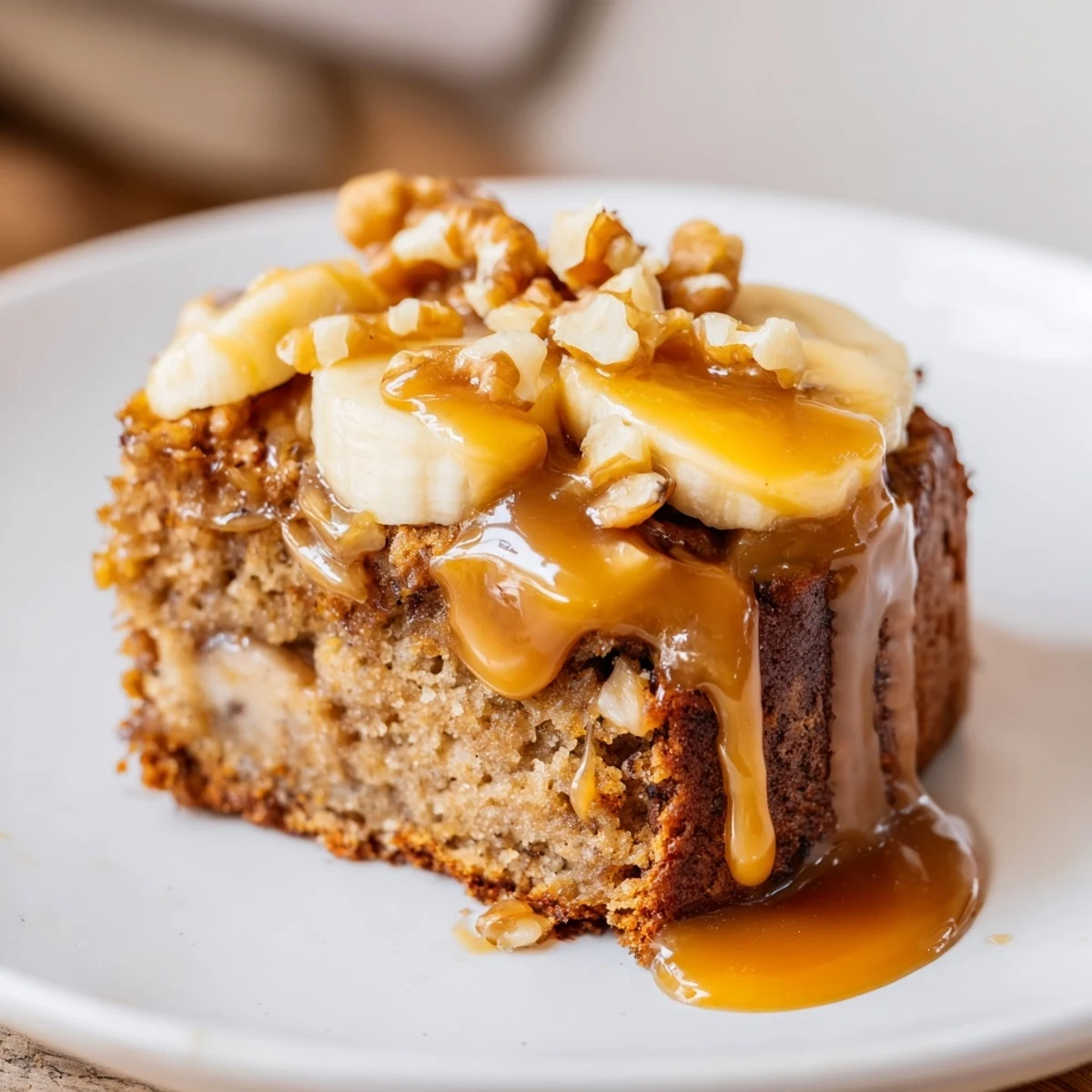 Moist brown butter banana cake slice layered with homemade salted caramel on a white plate