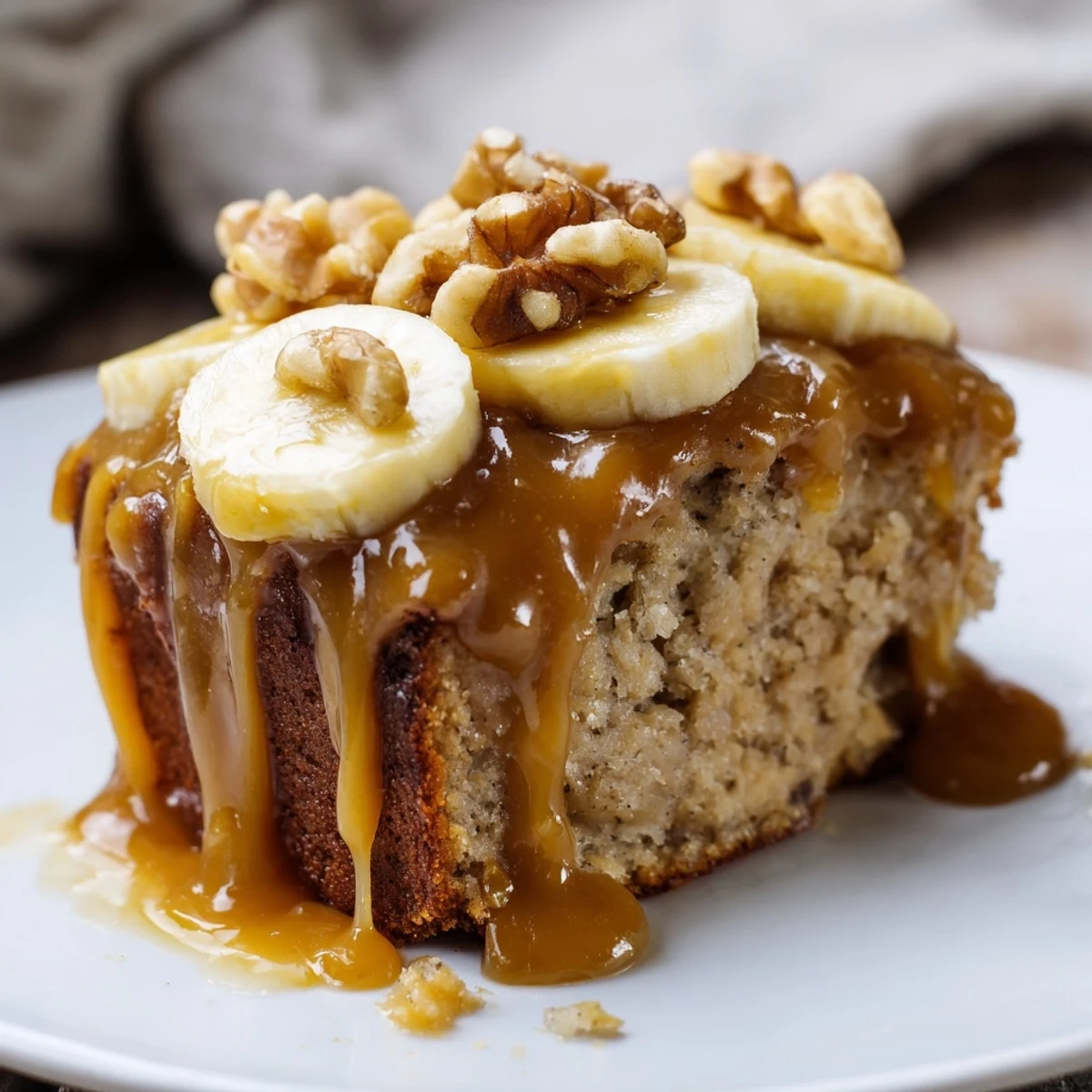 Decadent salted caramel brown butter banana cake served with vanilla ice cream and toasted nuts