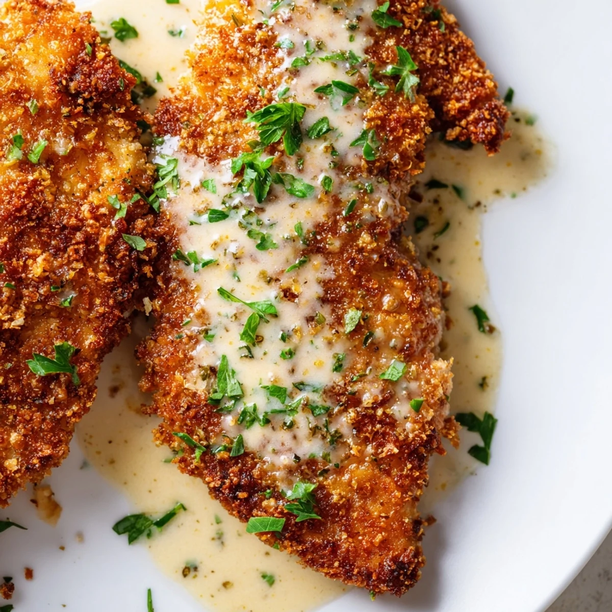 Golden brown crispy chicken drizzled with velvety parmesan cream sauce garnished with fresh parsley.