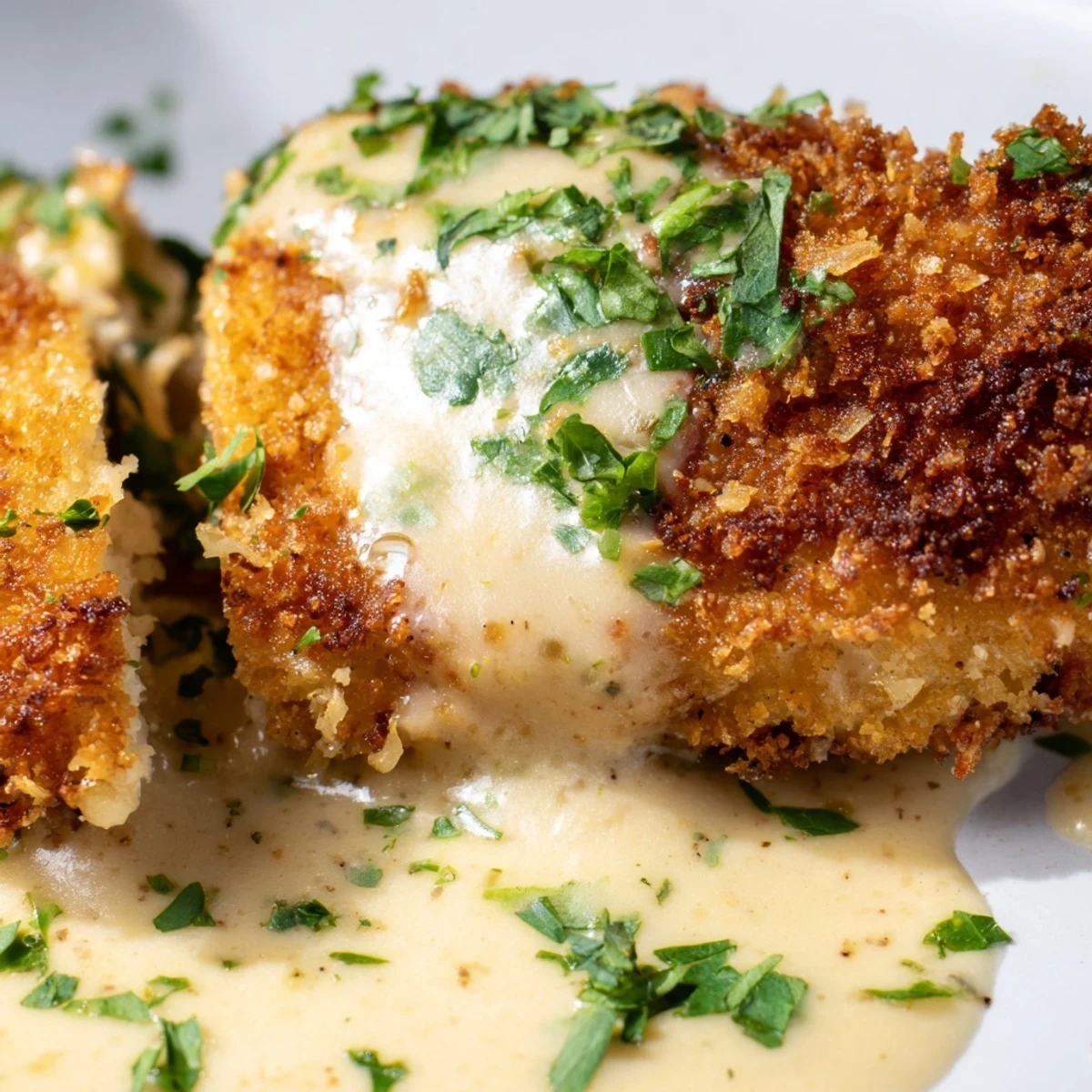 Crispy breadcrumb-coated chicken resting on plate with smooth white cheesy sauce and green herbs.