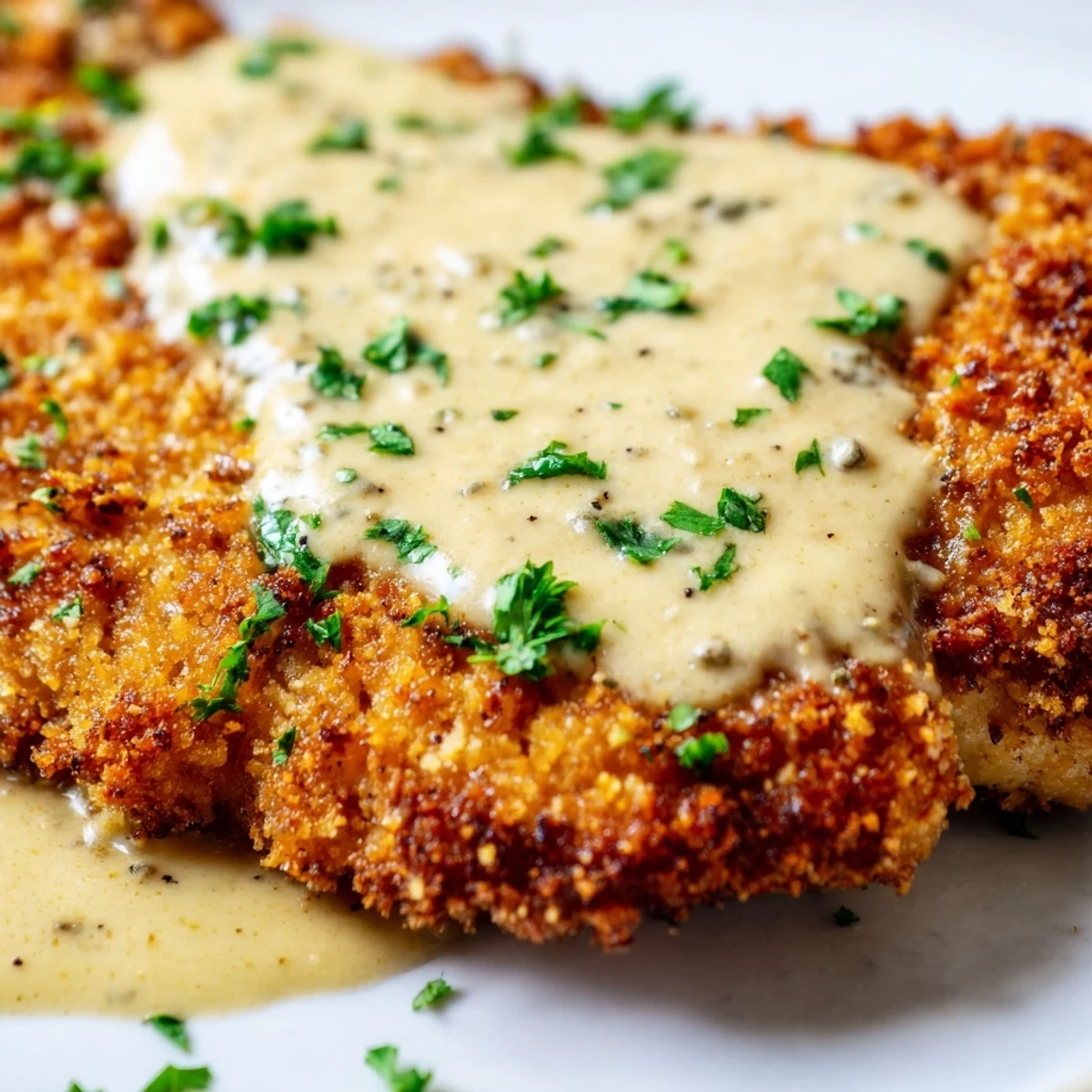 Pan-fried crispy chicken breasts topped with rich garlic cream sauce and sprinkled with parsley.