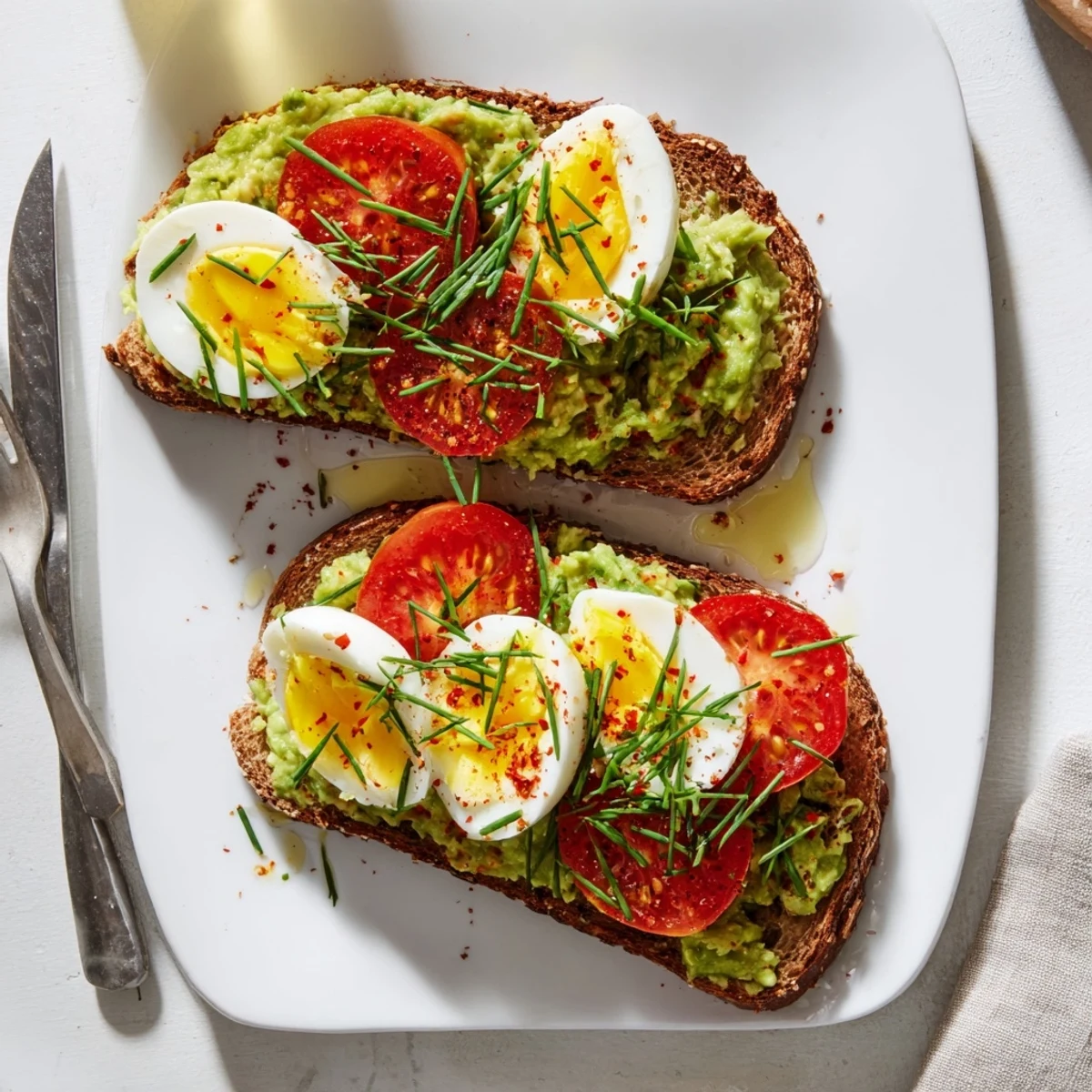 Golden avocado toast topped with sliced tomatoes and hard-boiled eggs on rustic whole grain bread