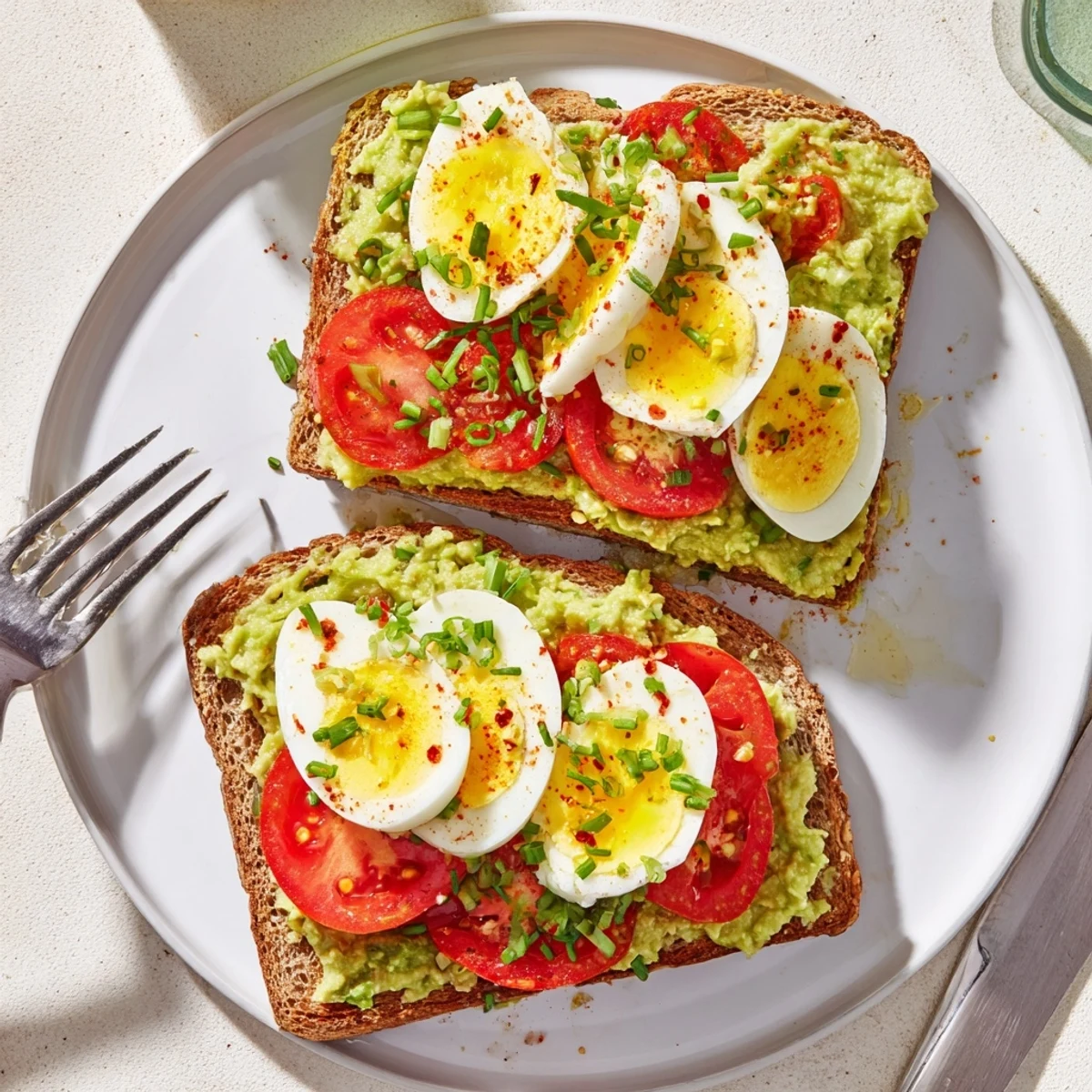 Vibrant open-faced sandwich featuring mashed avocado, fresh tomato rounds, and sliced hard-boiled eggs for breakfast