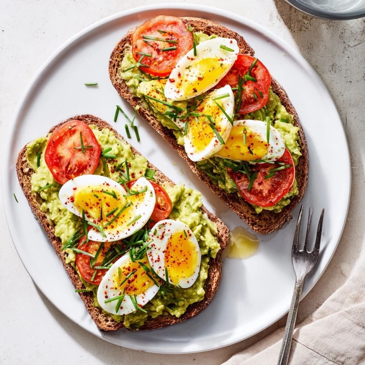 Creamy avocado spread on toast layered with juicy ripe tomato slices and protein-rich hard-boiled egg