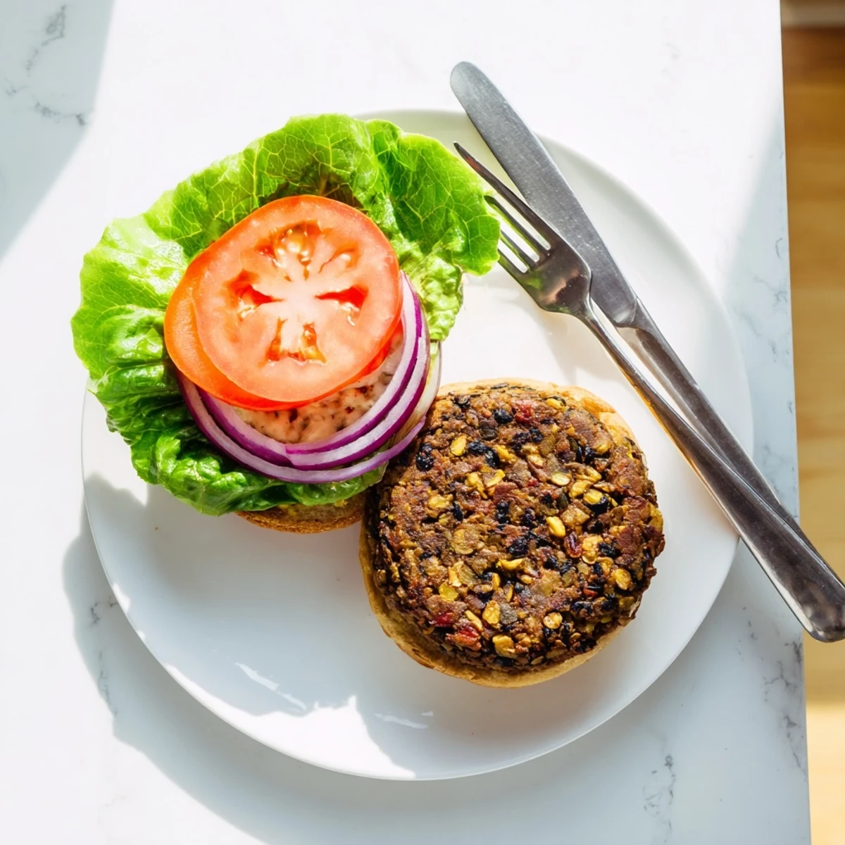 Homemade veggie burgers recipe served on wooden board with colorful toppings and crispy sides