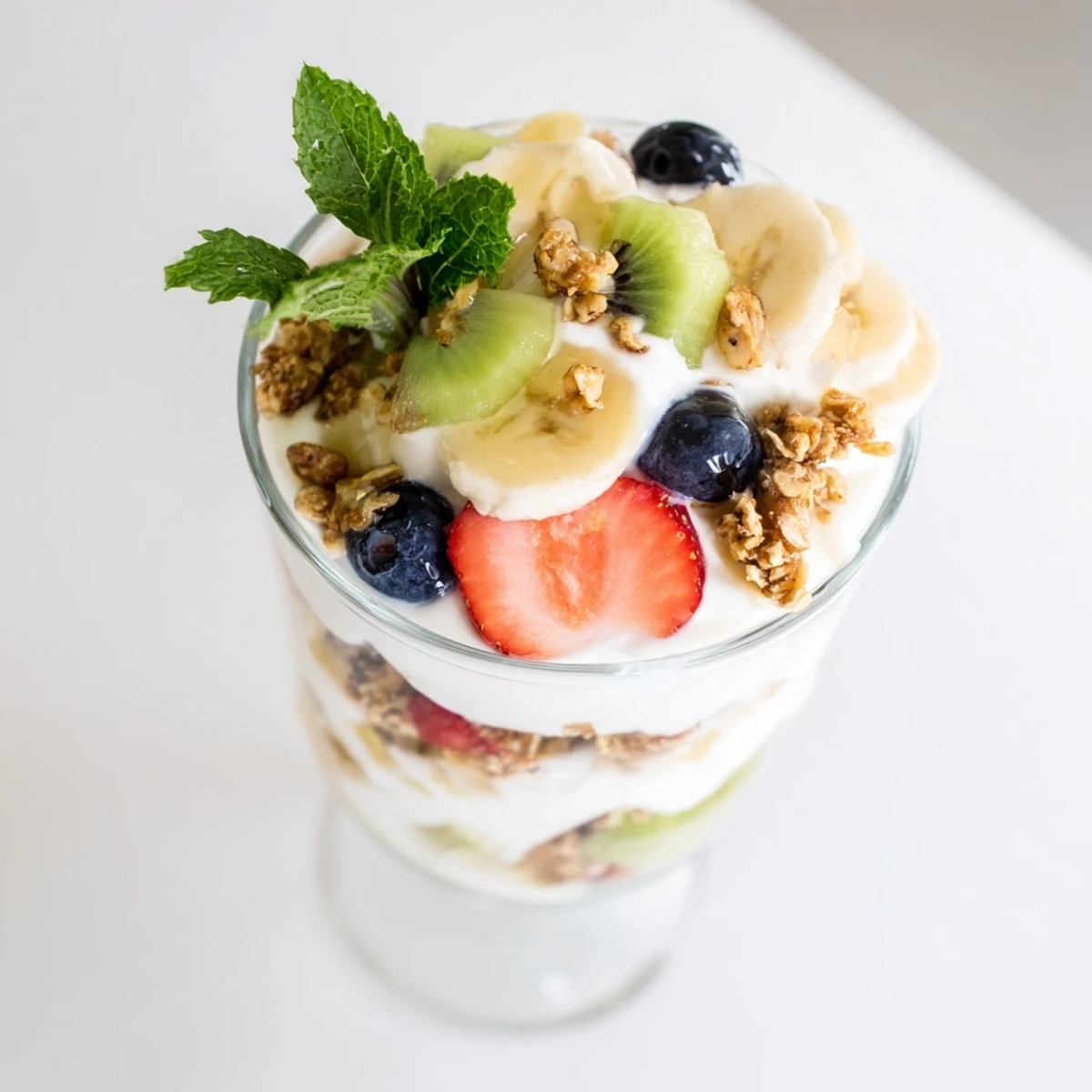 Clear parfait glass showing creamy Greek yogurt layered with honey, berries, kiwi, and granola topping