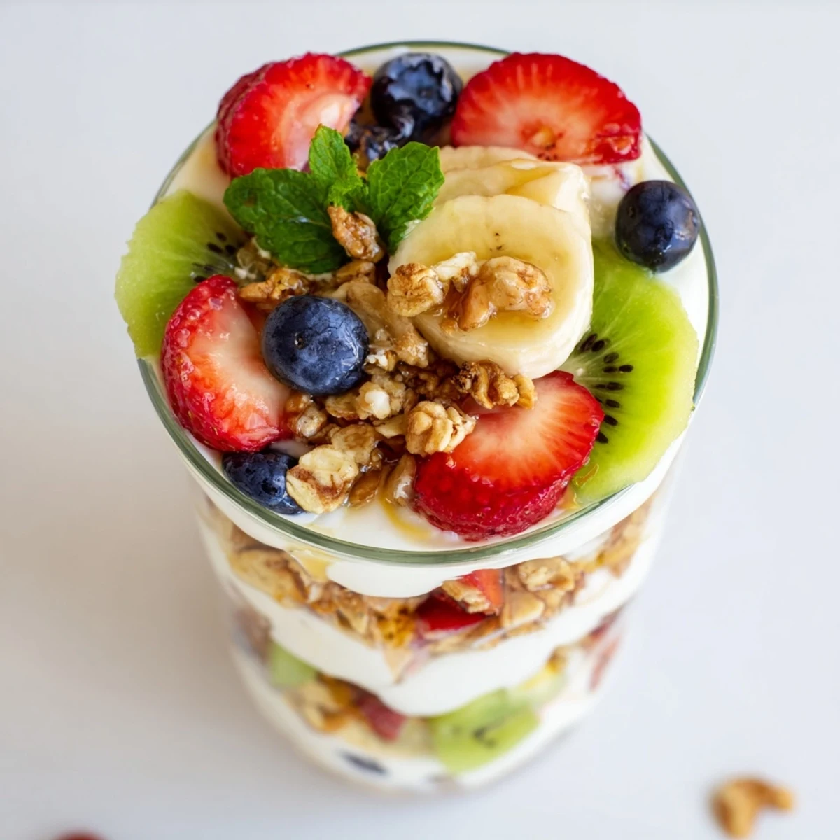 Glass jar displaying layered yogurt parfait recipe with honey and fresh colorful fruit slices