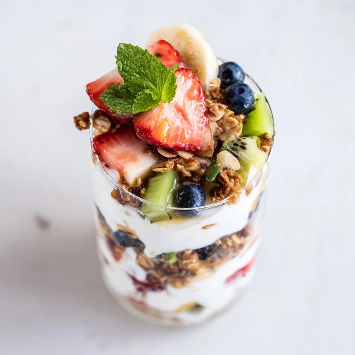 Beautiful yogurt parfait recipe with honey drizzled over strawberries, blueberries, and banana in clear bowl