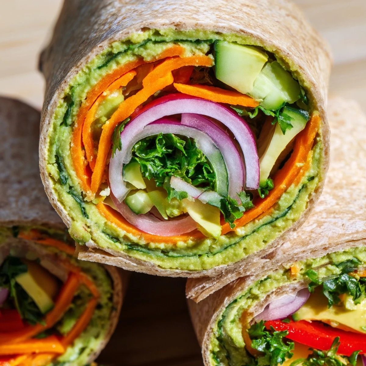 Mediterranean-style spinach hummus lunch wraps sliced in half revealing colorful layers of carrots peppers and avocado