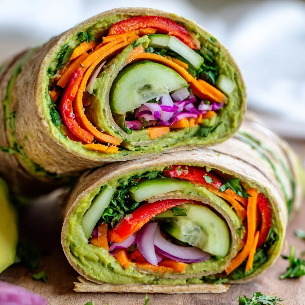Golden brown whole wheat tortilla rolled with vibrant green spinach hummus and colorful fresh vegetable fillings