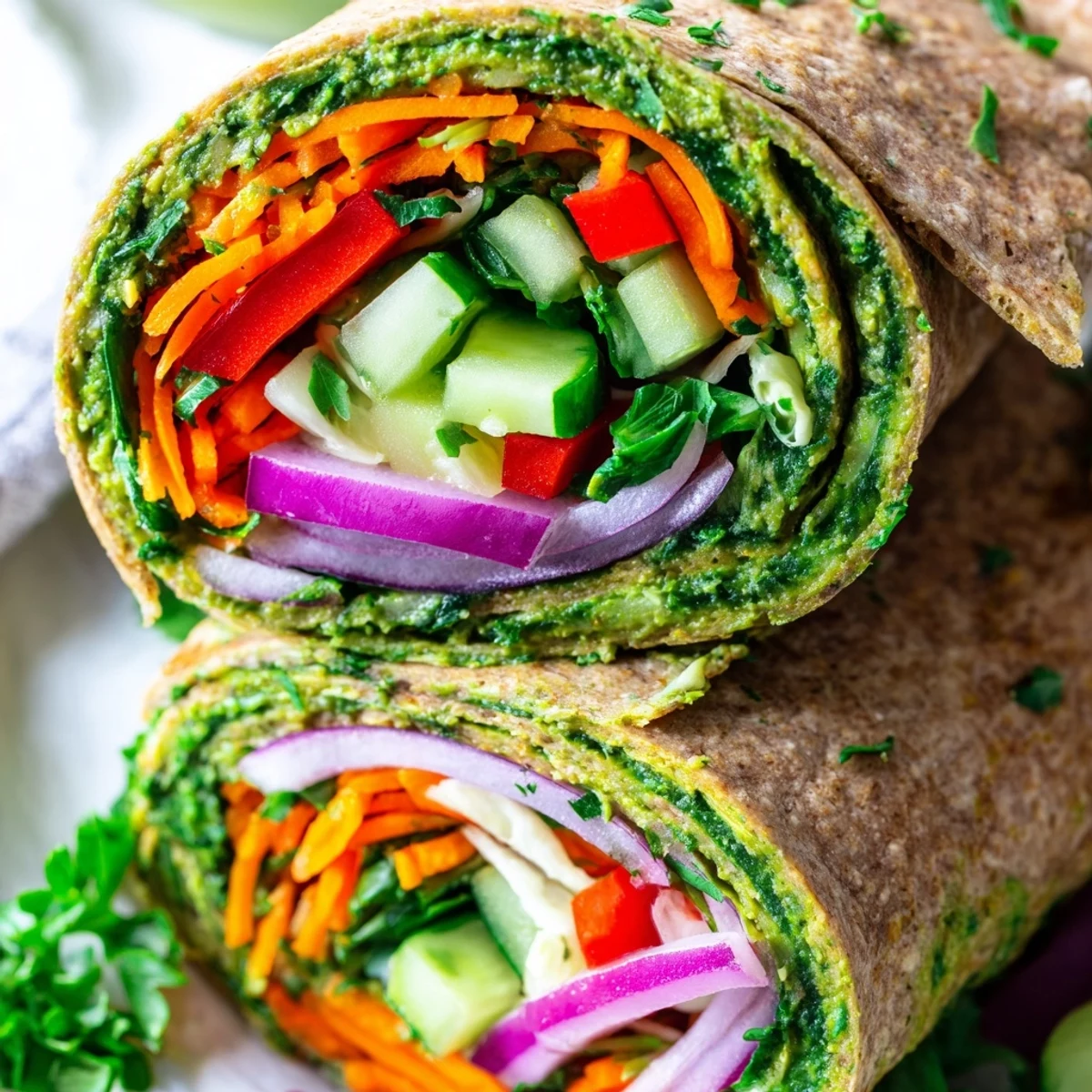 Handheld spinach hummus lunch wrap featuring creamy green spread crisp vegetables and fresh herbs on whole wheat tortilla