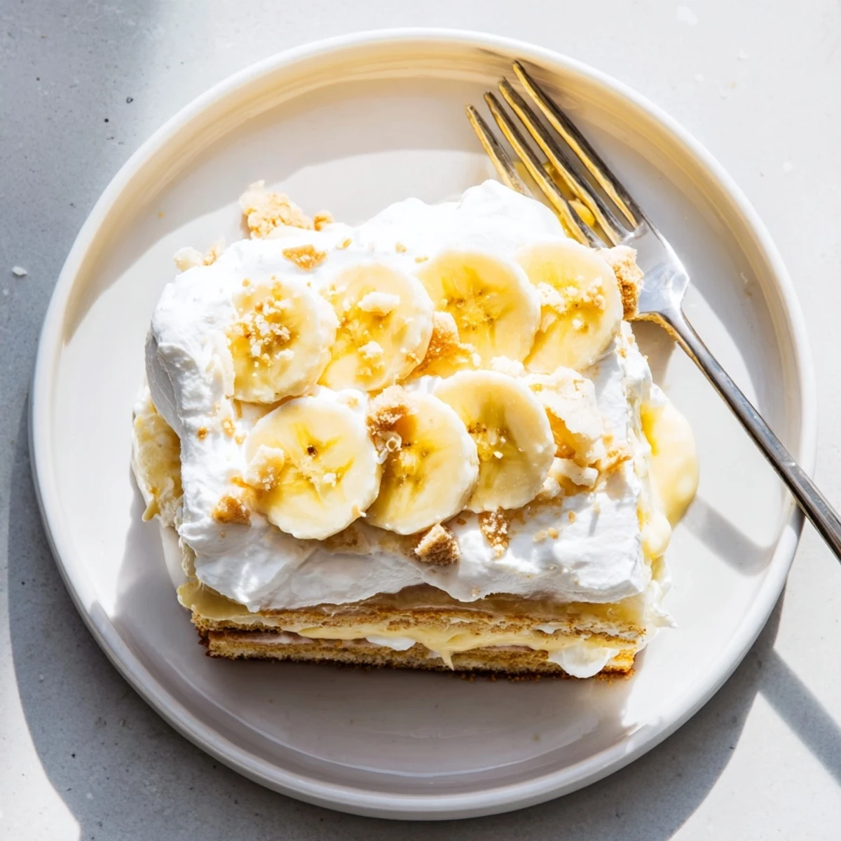 Southern banana pudding cake stacked high with whipped cream topping, crushed vanilla wafers, and sliced banana garnish