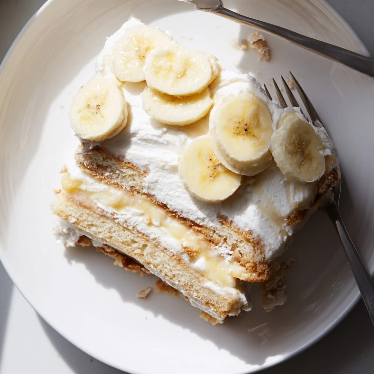 Homemade banana pudding cake dessert plated with creamy pudding filling, ripe banana accents, and buttery crumb topping