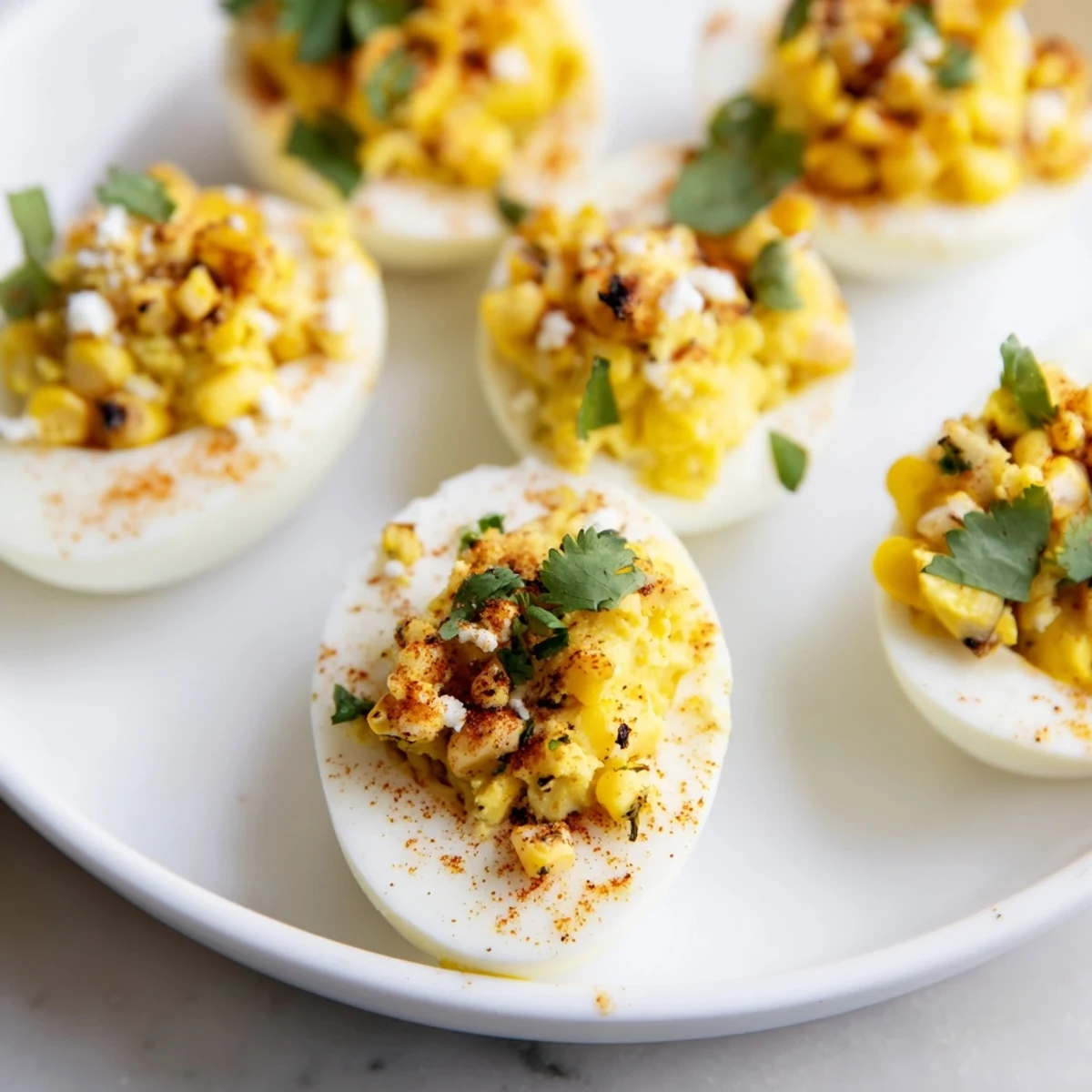 Golden Mexican Street Corn Deviled Eggs topped with crumbled cotija cheese and fresh cilantro