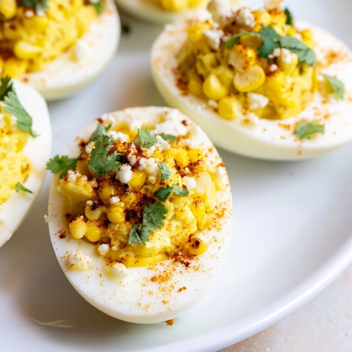 Platter of Mexican Street Corn Deviled Eggs sprinkled with smoky paprika and charred corn