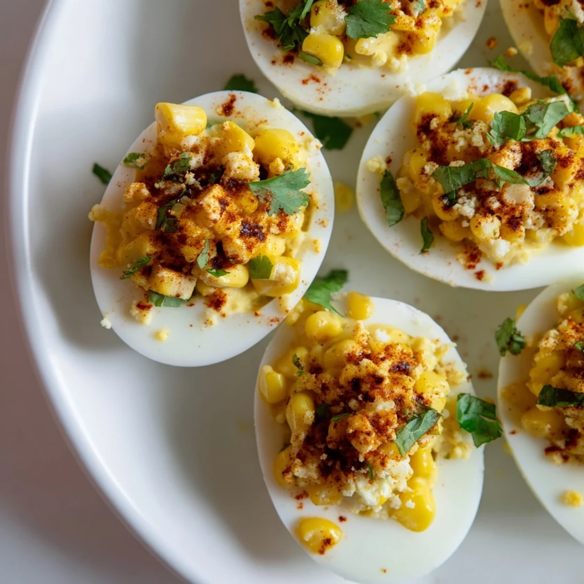 Creamy zesty Mexican Street Corn Deviled Eggs garnished with chili powder and lime wedges