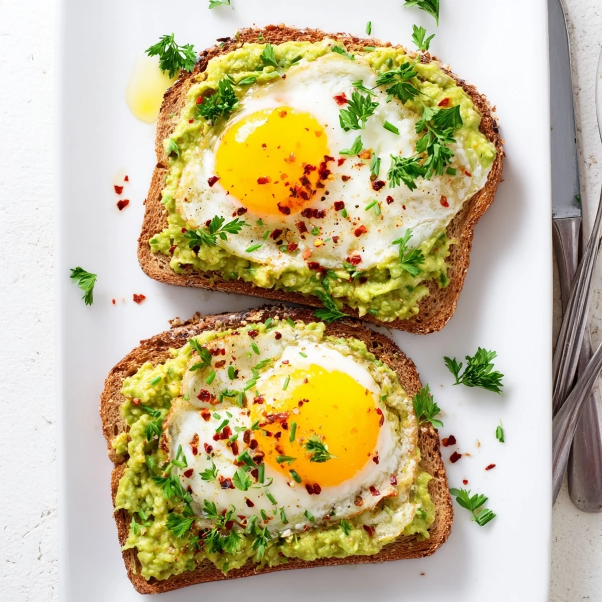 Simple avocado toast with egg featuring runny yolk and red chili flakes on crisp bread