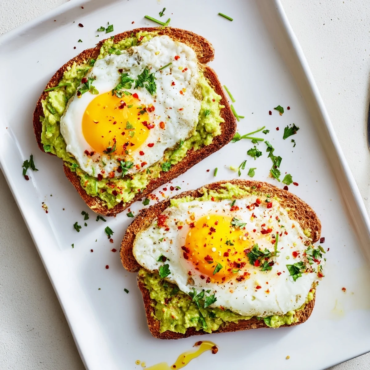 Hearty breakfast plate showcasing two slices of avocado toast topped with poached eggs and fresh herbs